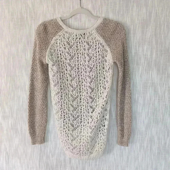 JJ Basics Womens XS Crochet Sweater Beige Y2K Open Knit Boho Beachy Feminine - Picture 2 of 6